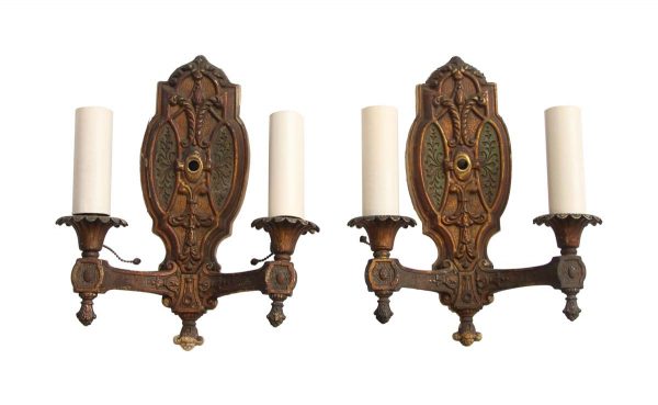 Sconces & Wall Lighting - Pair of 1940s Gothic 2 Arm Bronze Wall Sconces