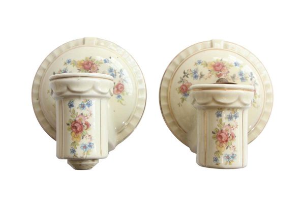 Sconces & Wall Lighting - Pair of Vintage White Ceramic Floral Bathroom Wall Sconces