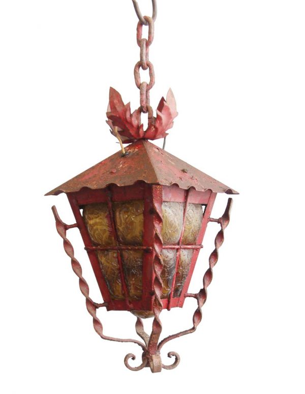 Wall & Ceiling Lanterns - 1940s Wrought Iron Outdoor Lantern with Amber Crackled Glass