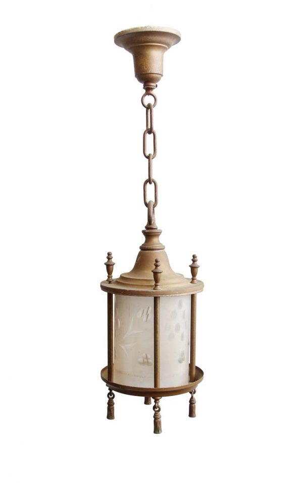 Wall & Ceiling Lanterns - Early 1900s Brass Lantern with Original Etched Cylinder Glass