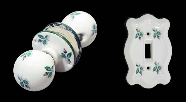 Door Knob Sets - Vintage Floral Green Leaves Porcelain Round Door Knob Set with Switch Plate