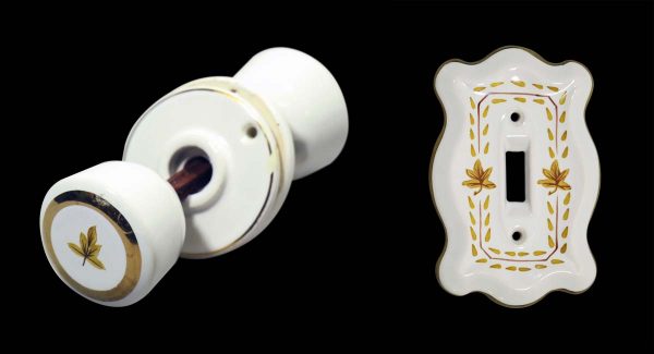 Door Knob Sets - Vintage White Gold Leaf Porcelain Door Knob Set with Switch Cover