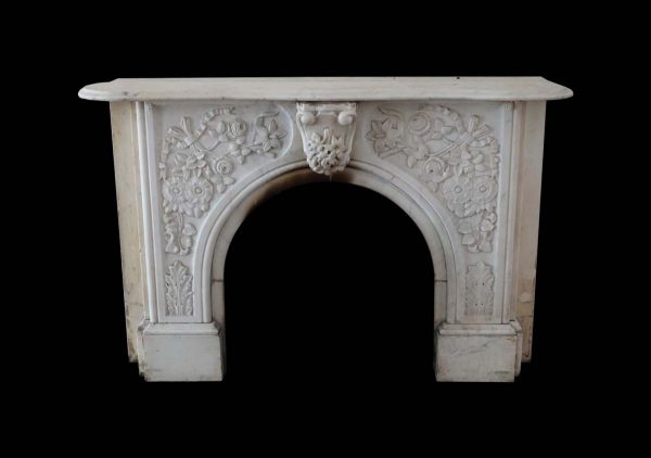 Mantels - 1853 Arched White Floral Carved Statuary Marble Mantel