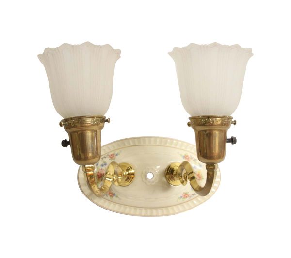 Sconces & Wall Lighting - 1930s Ceramic Floral Sconce with Brass Arms & Glass Shades