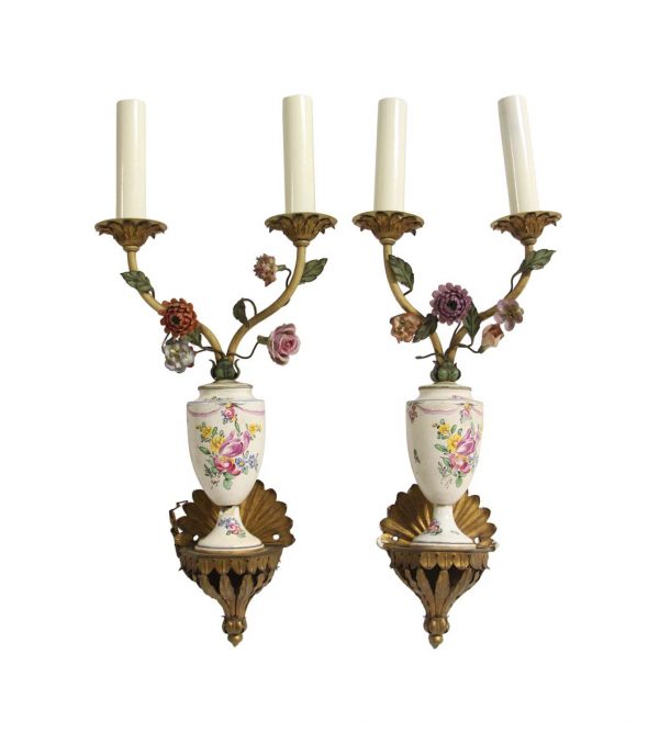 Sconces & Wall Lighting - 19th Century French Floral Porcelain 2 Arm Wall Sconces