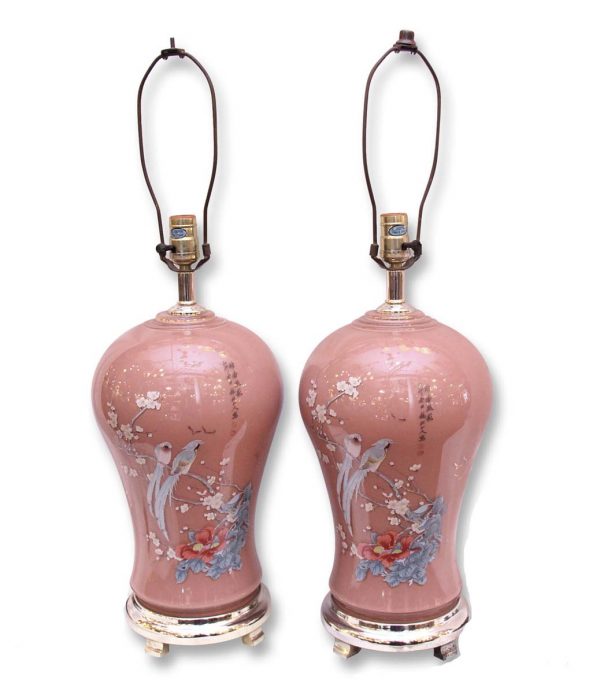 Table Lamps - Pair of Asian Hand Painted Ceramic Pink Table Lamps