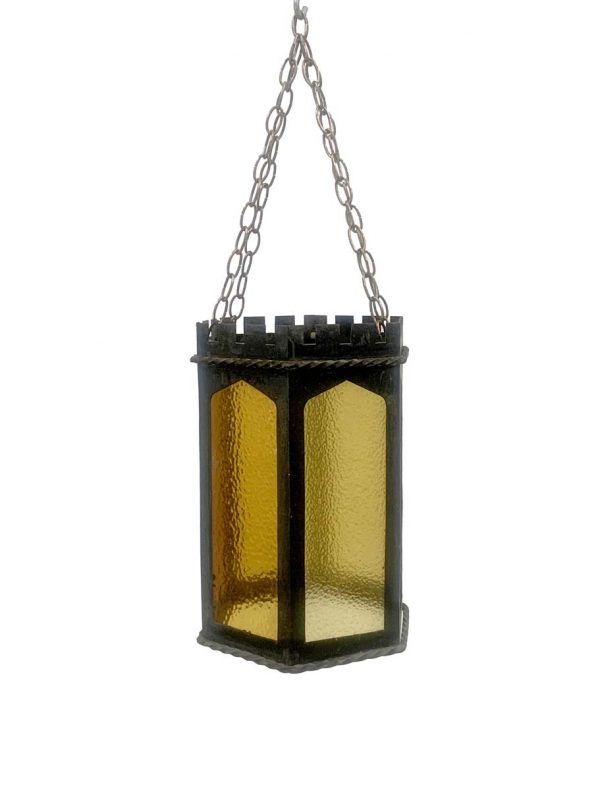 Wall & Ceiling Lanterns - Arts & Crafts Amber Glass & Wrought Iron Pendant Lantern Light