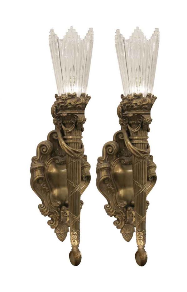 Sconces & Wall Lighting - Antique 4 ft E.F. Caldwell Cast Bronze & Baccarat Crystal Sconces