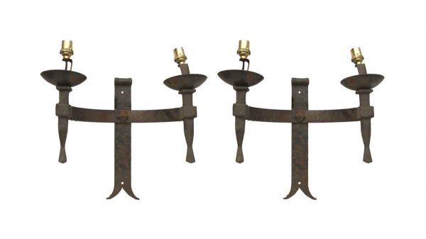Sconces & Wall Lighting - Pair of Arts & Crafts 2 Arm Wrought Iron Wall Sconces