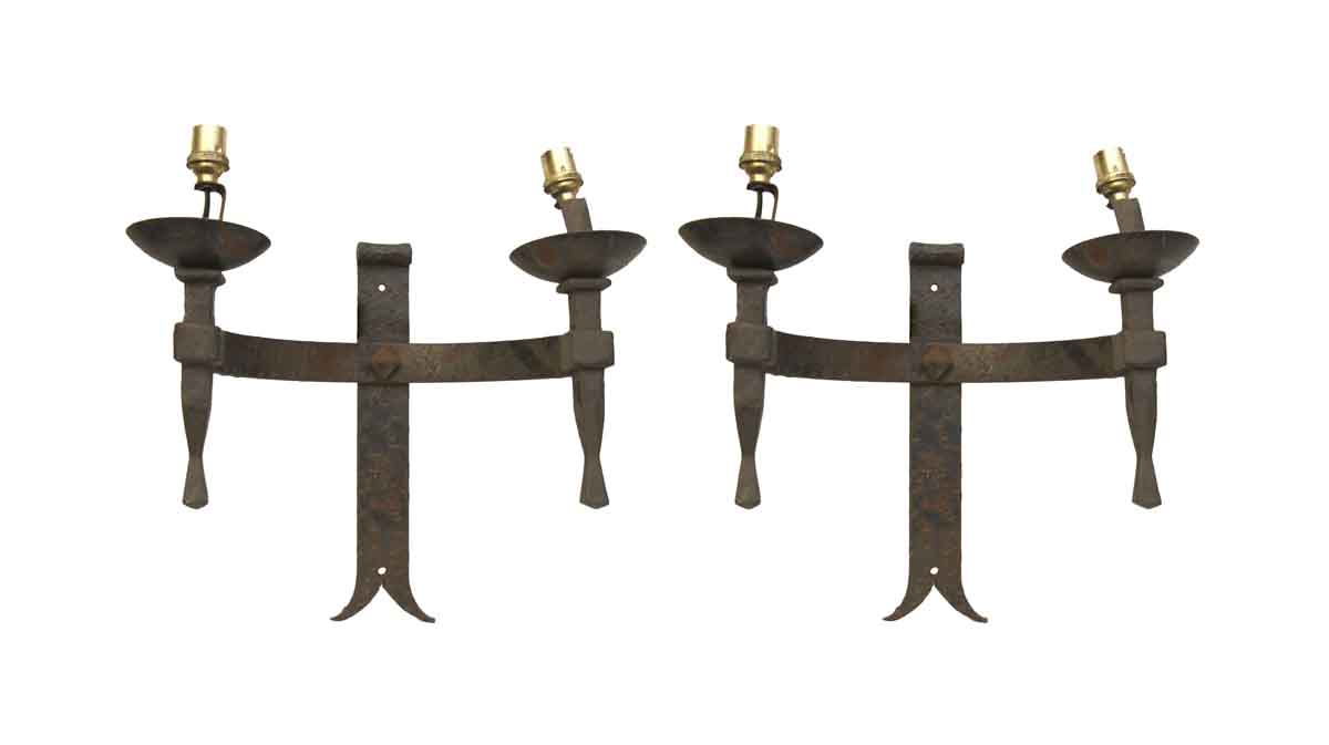 Pair of Arts & Crafts 2 Arm Wrought Iron Wall Sconces