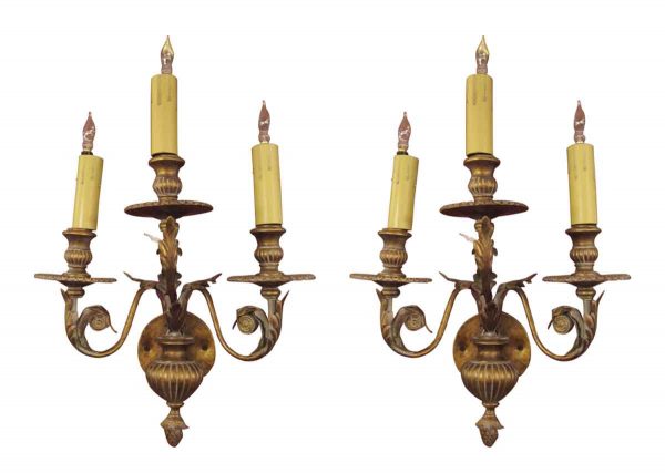 Sconces & Wall Lighting - Pair of French Gold 3 Arm Wall Sconces