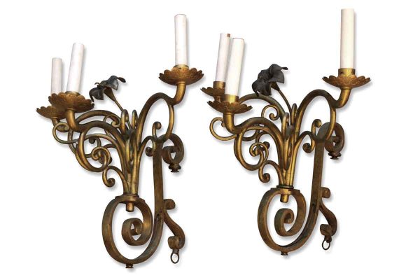 Sconces & Wall Lighting - Pair of Vintage French Golden Bronze 3 Light Wall Sconces