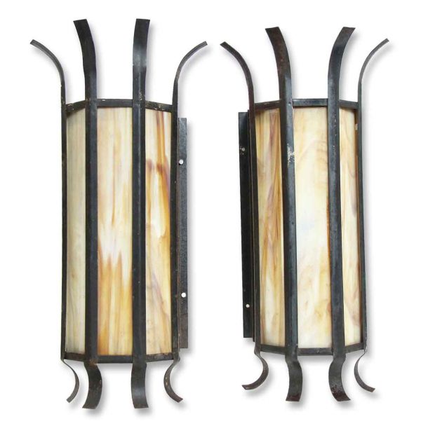 Sconces & Wall Lighting - Pair of Vintage Modern Stained Glass Iron Wall Sconces