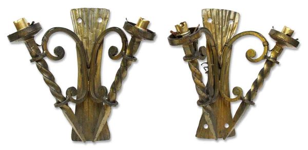 Sconces & Wall Lighting - Pair of Wrought Iron Arts & Crafts 2 Arm Wall Sconces