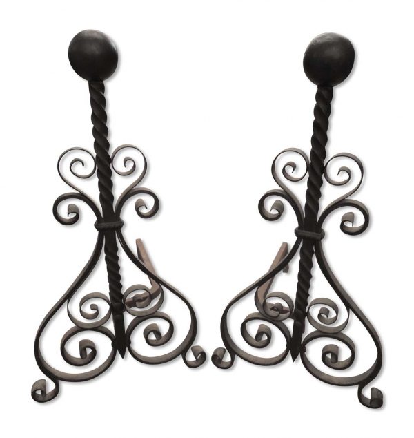 Andirons - Pair of Antique Traditional Wrought Iron Andirons with Ball Finial