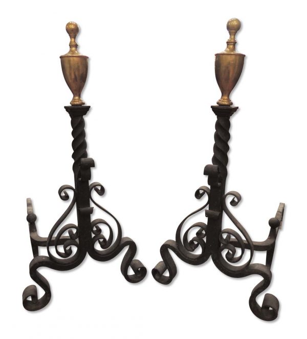 Andirons - Traditional Hand Wrought Andirons with Brass Finial