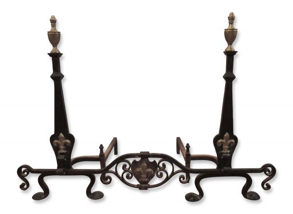 Andirons - Victorian Fleur de Lis Black Wrought Iron Andiron Set