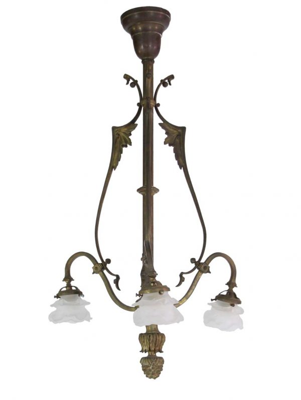 Down Lights - Antique 1910s Victorian Bronze Floral Shaded Pendant Light