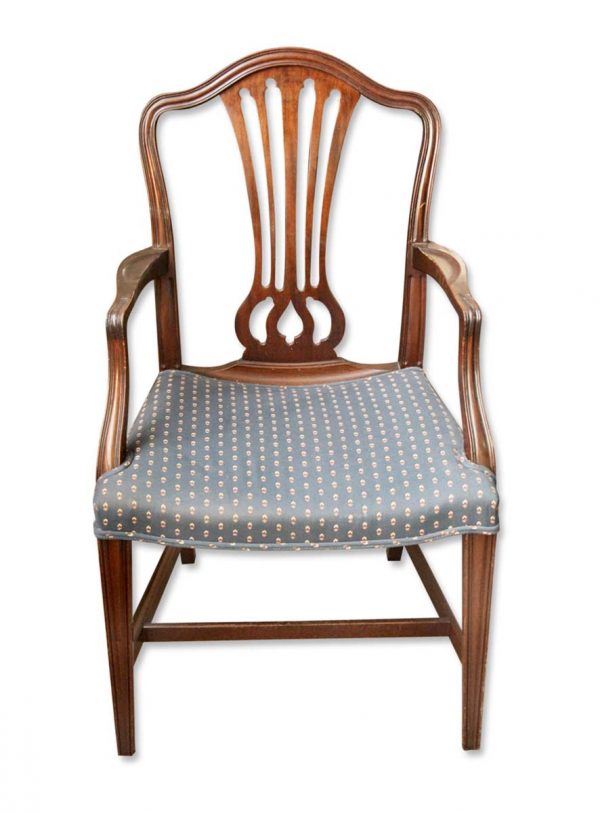 Kitchen & Dining - Vintage Medium Tone Wood Blue Upholstered Arm Chair