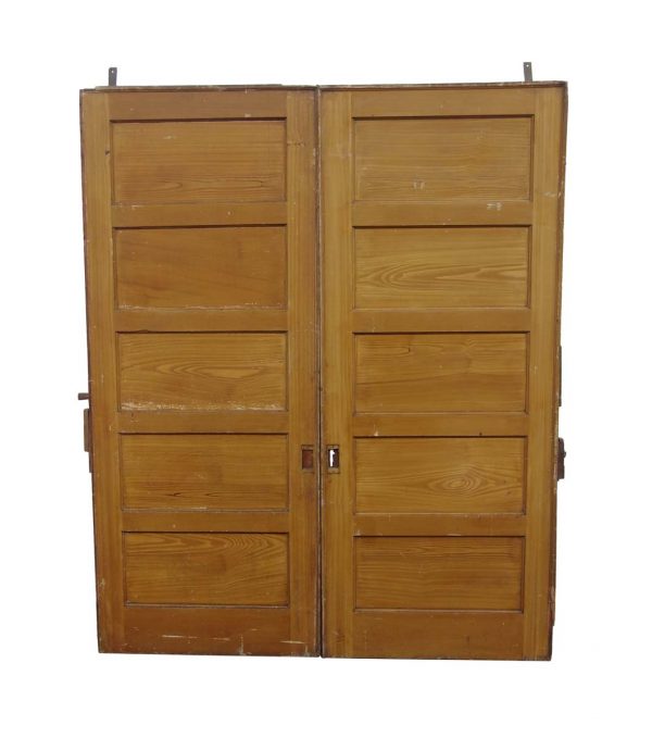 Pocket Doors - Antique 5 Pane White Pine Pocket Double Doors 88.5 x 73.5
