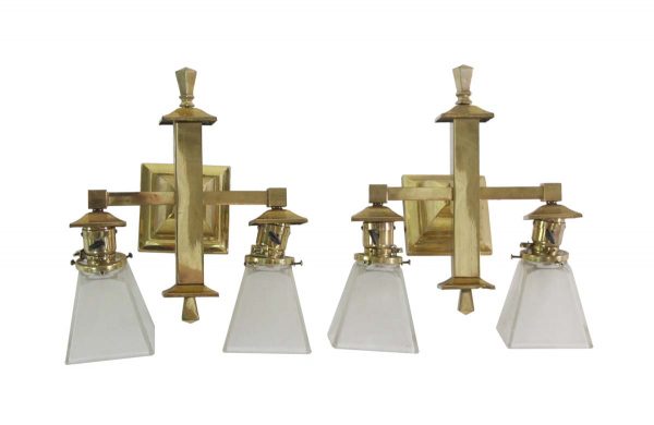 Sconces & Wall Lighting - Pair of Polished Brass Arts & Crafts Glass Shade Wall Sconces