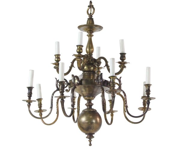Chandeliers - Antique Grand 12 Arm Brass Colonial Chandelier