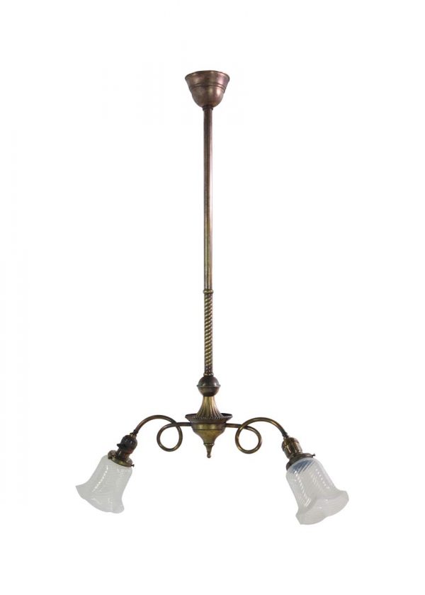 Down Lights - Converted 2 Arm Ruffled Glass Shades Gas Pendant Light