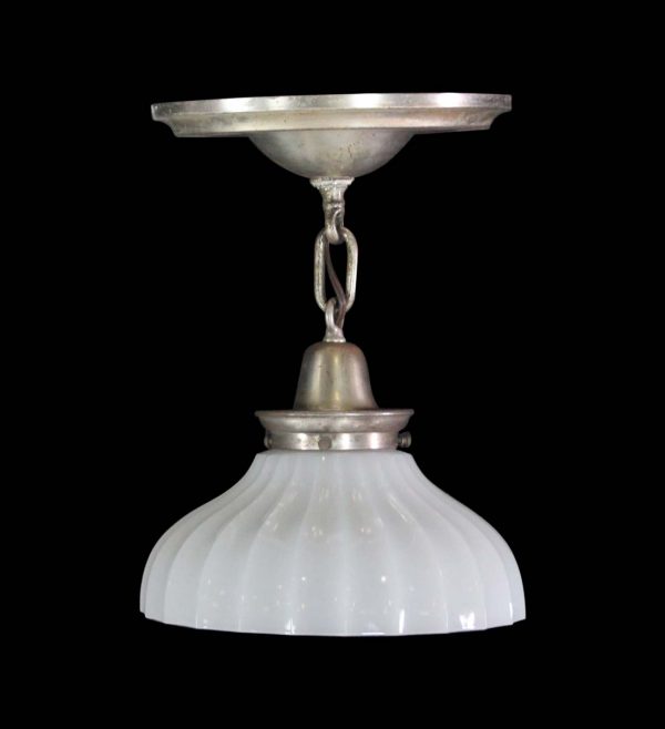 Down Lights - Milk Glass Flush Mount Light with Silvered Brass Frame