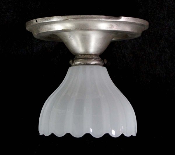 Down Lights - Milk Glass Flush Mount with Silvered Brass Frame