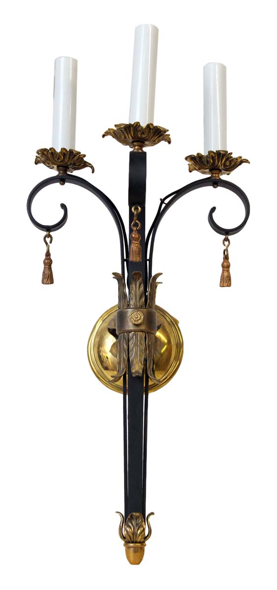 Sconces & Wall Lighting - Large French 3 Arm Iron & Brass Wall Sconces