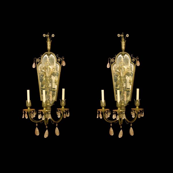 Sconces & Wall Lighting - Pair of 1920s Victorian Mirrored 2 Arm Bronze Wall Sconces