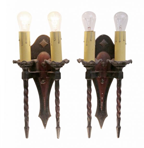 Sconces & Wall Lighting - Pair of Antique 2 Arm Arts & Crafts Bronze Wall Sconces