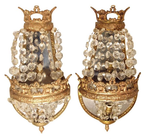 Sconces & Wall Lighting - Pair of Antique Mirrored Crystal Wall Sconces