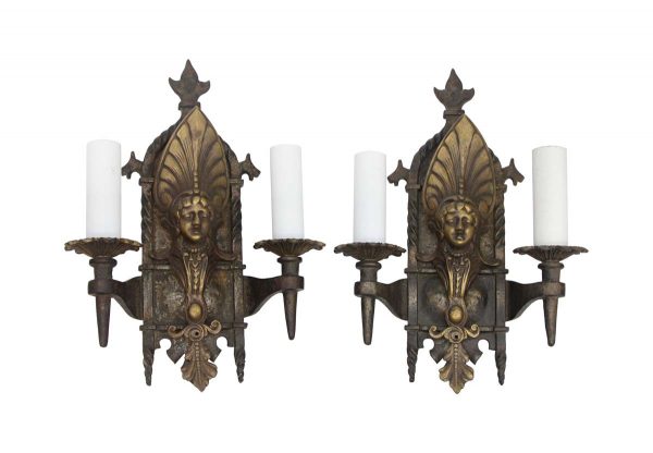 Sconces & Wall Lighting - Pair of Cast Iron & Bronze Figural Gothic Wall Sconces