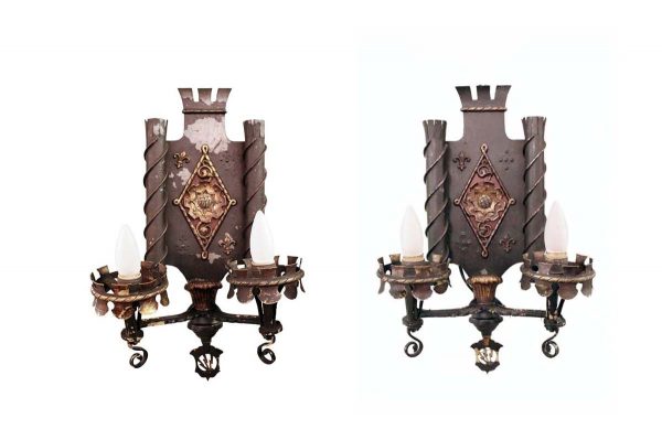 Sconces & Wall Lighting - Pair of English Tudor Style 2 Arm Wall Sconces