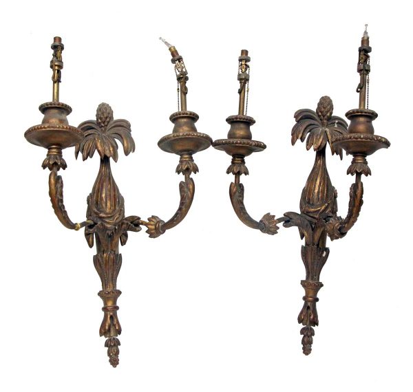 Sconces & Wall Lighting - Pair of French 2 Arm Hand Carved French Wooden Sconces