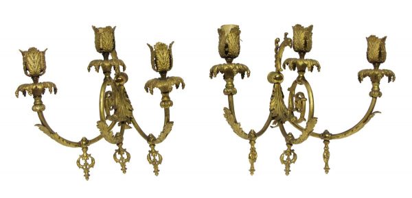 Sconces & Wall Lighting - Pair of French Bronze 3 Arm Figural Gas Wall Sconces
