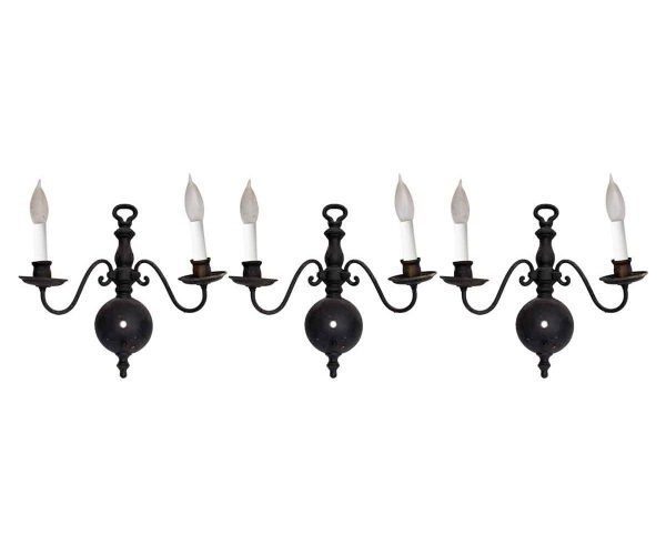 Sconces & Wall Lighting - Set of Black 2 Arm Brass Colonial Wall Sconces