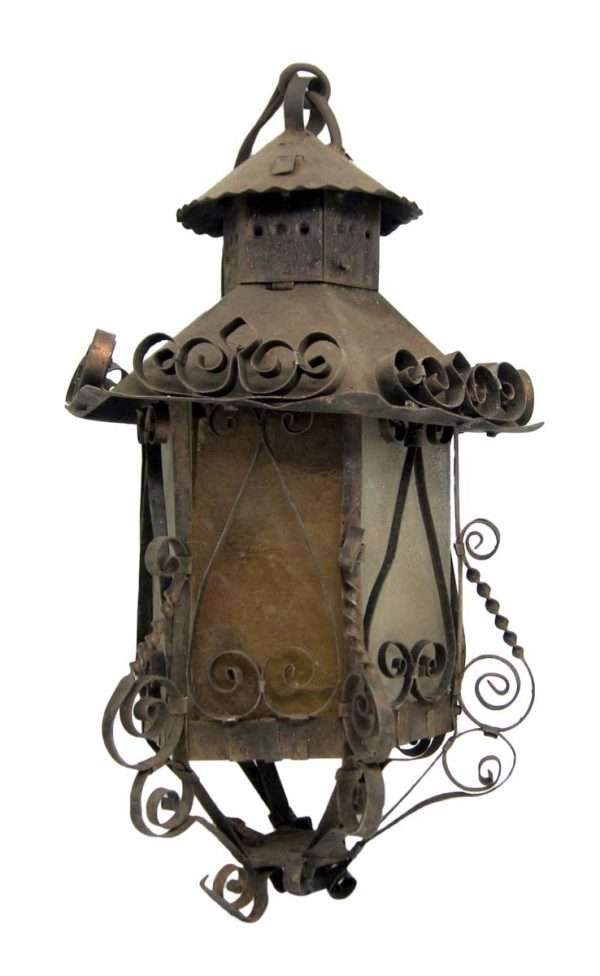 Wall & Ceiling Lanterns - Antique Iron Amber Glass Ceiling Lantern