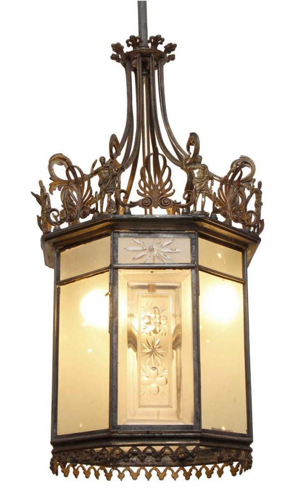 Wall & Ceiling Lanterns - Antique Neoclassical Bronze & Etched Glass Ceiling Lantern