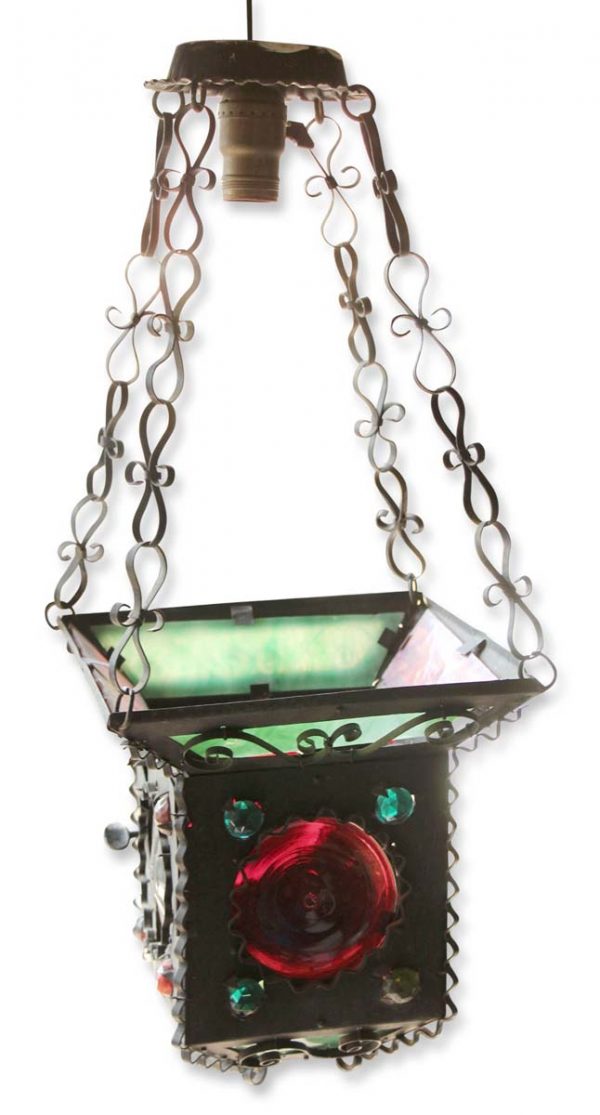 Wall & Ceiling Lanterns - Arts & Crafts Colorful Stained Red & Green Glass & Jeweled Hanging Lantern