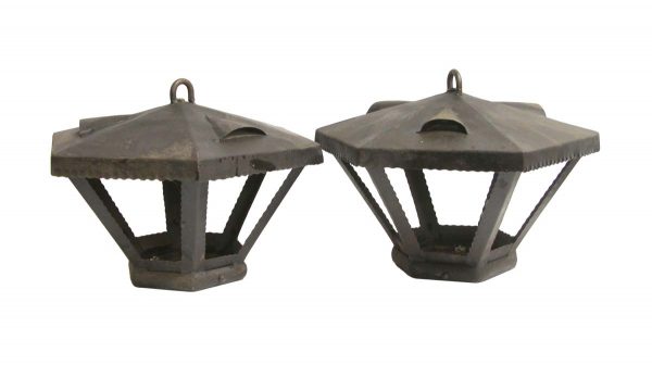 Wall & Ceiling Lanterns - Pair of Arts & Crafts Black Cast Iron ceiling Lanterns