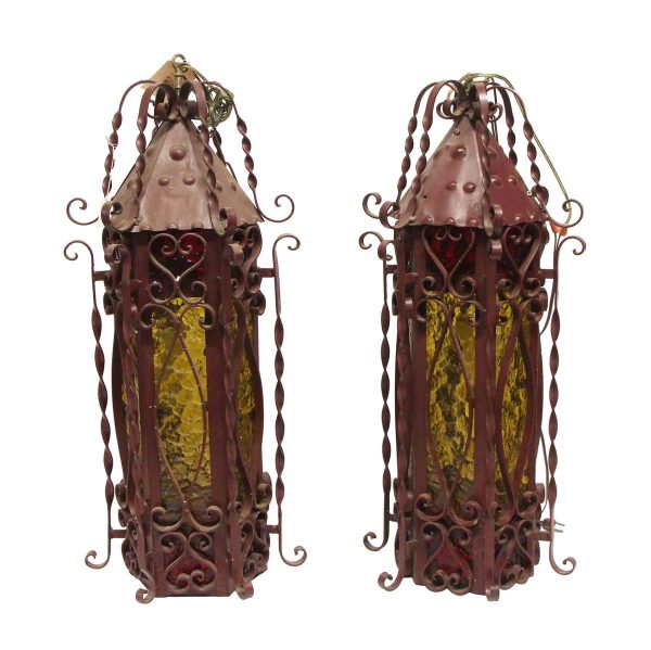 Wall & Ceiling Lanterns - Pair of Red Steel Lanterns with Amber Glass