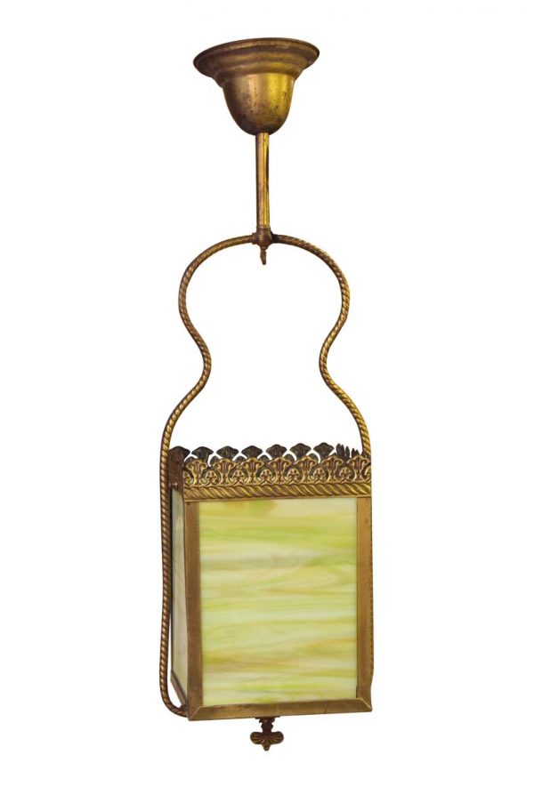Wall & Ceiling Lanterns - Vintage Green Slag Glass Brass Ceiling Lantern