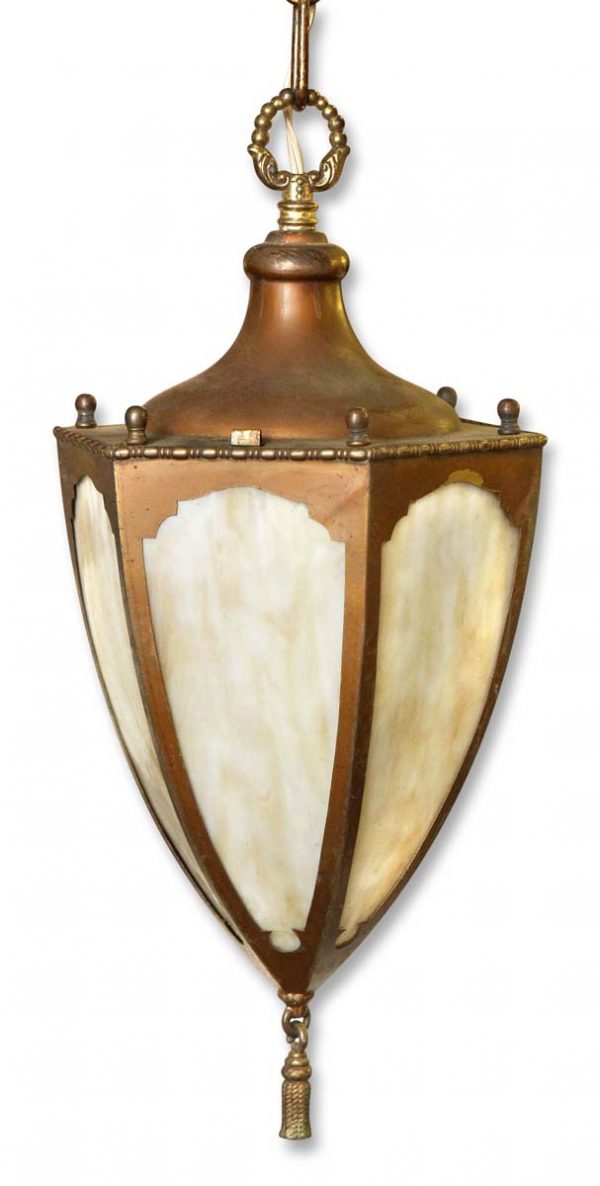 Wall & Ceiling Lanterns - Vintage Traditional Gold Tan Slag Glass Pendant Ceiling Lantern