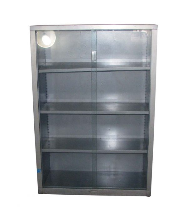 Cabinets - Vintage Gray Steel Bookcase with Glass Sliding Doors