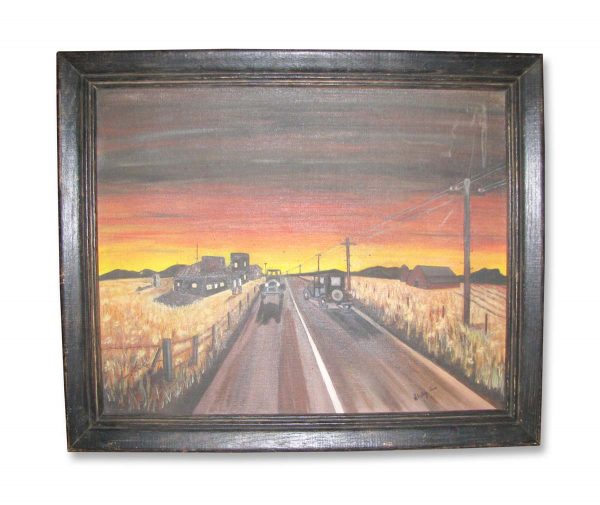 Paintings - Vintage Framed Sunset Country Highway Painting