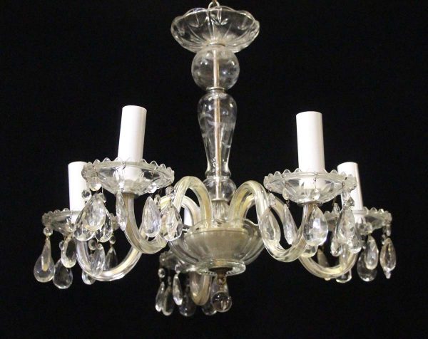 Chandeliers - 1940s 5 Arm Crystal Chandelier with Etched Body