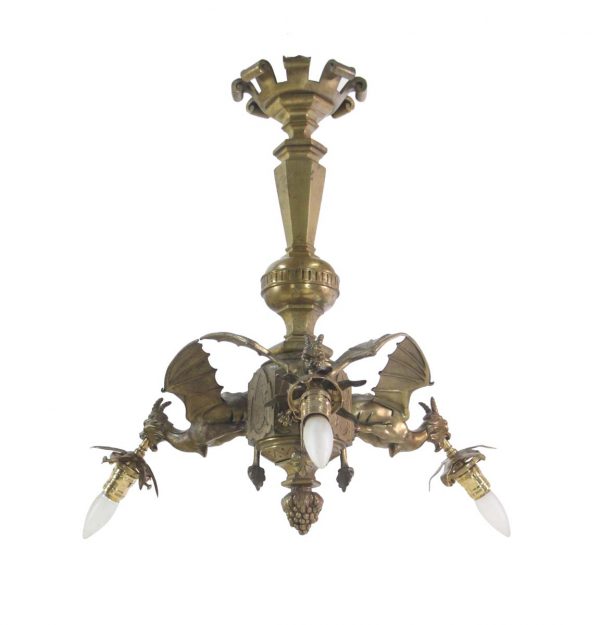Chandeliers - Antique 3 Arm Cast Bronze Gothic Griffins Chandelier