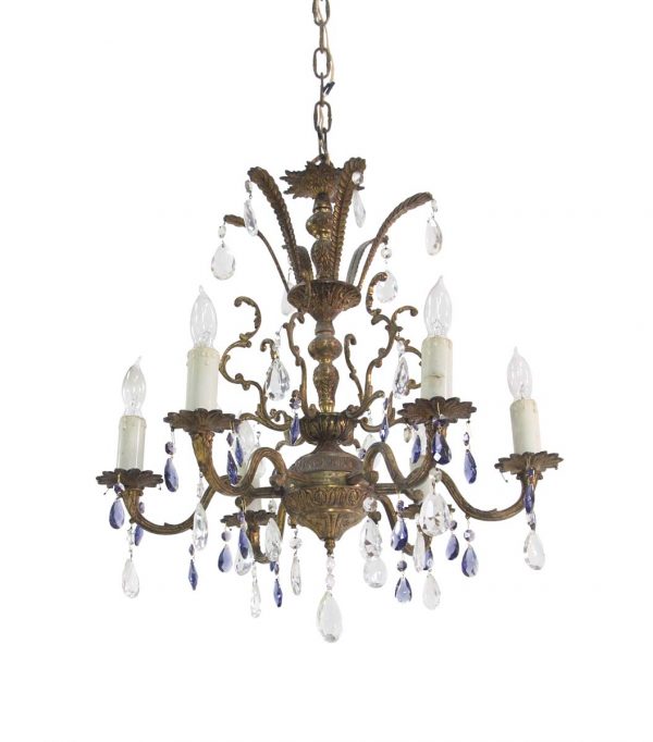 Chandeliers - Antique 6 Arm Spanish Bronze Chandelier with Blue & Clear Crystals